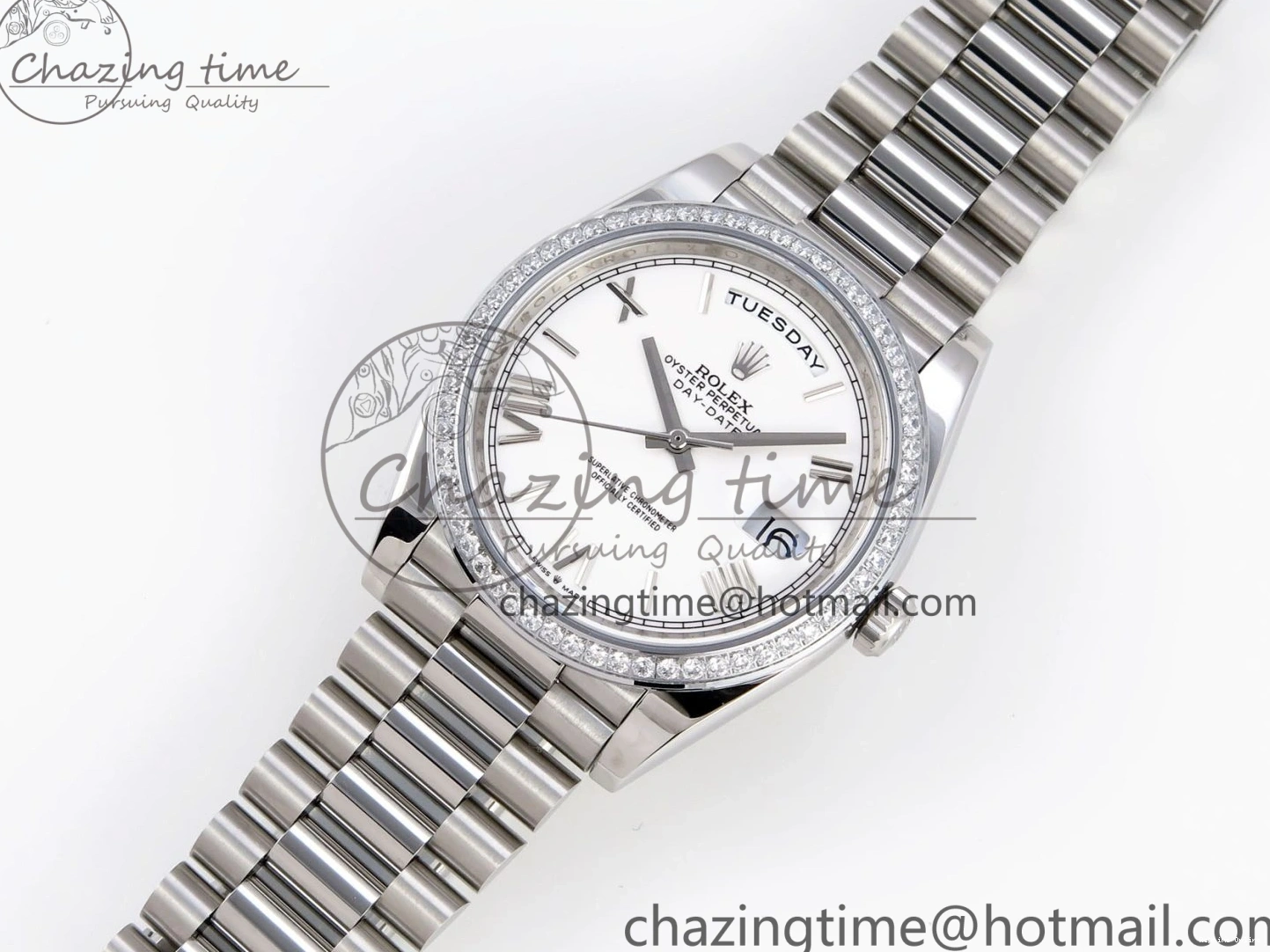 1224 DayDate 40 SS GSF Gain Weight White Roman Dial Diamonds Bezel on President Bracelet A Sustainable 1920